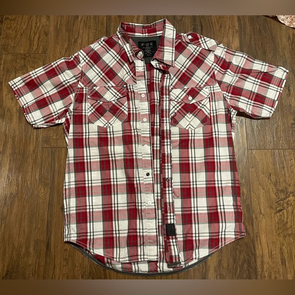 Fox racing casual button down short sleeve red plaid dress shirt Large motocross - Picture 1 of 6